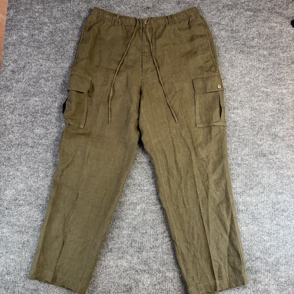 Caribbean Pants Men 38x32 Olive Green 100% Linen Drawstring Casual Preppy Cargo